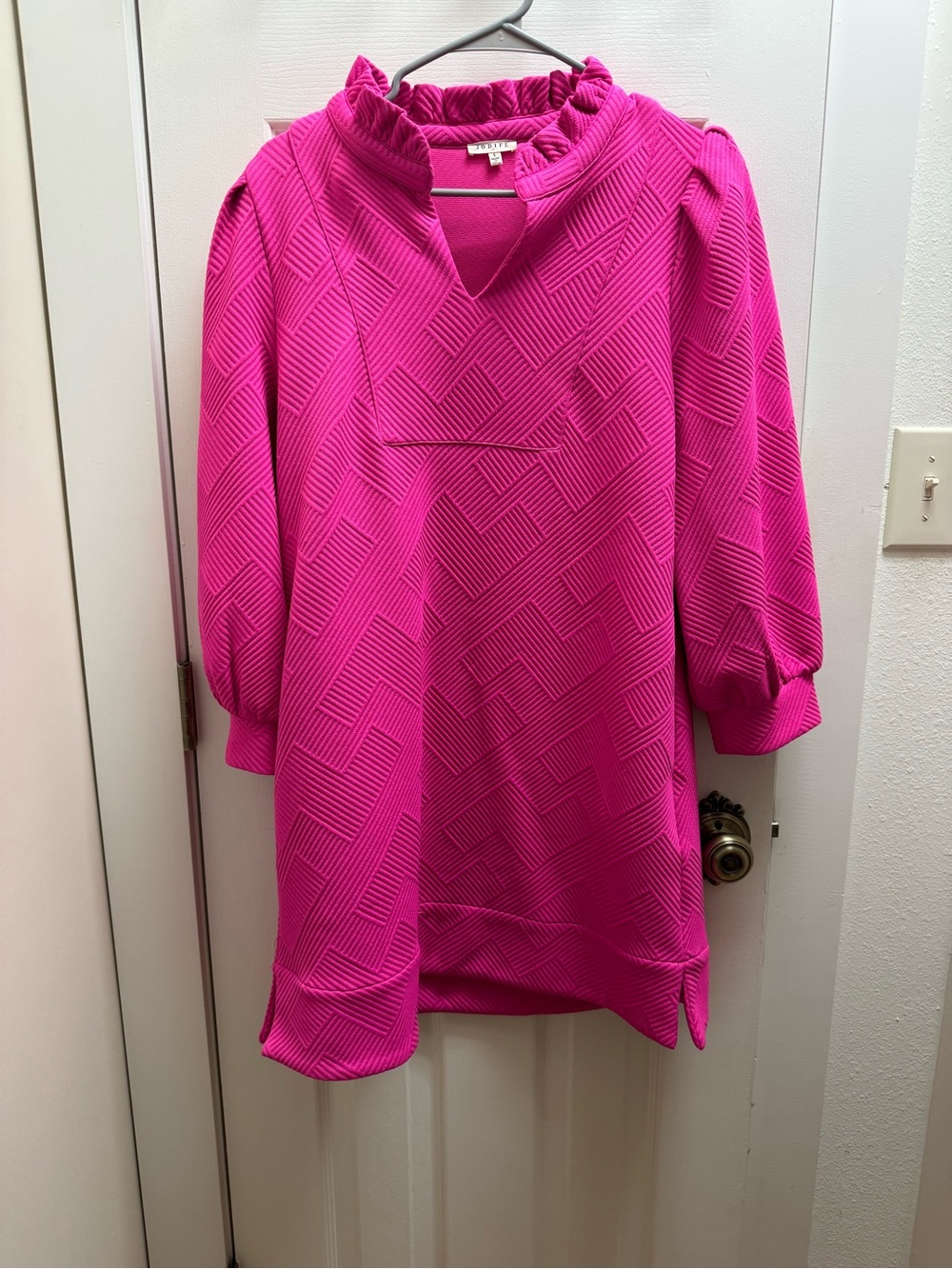 Vibrant Fuchsia Textured Dress with Ruffle Neck